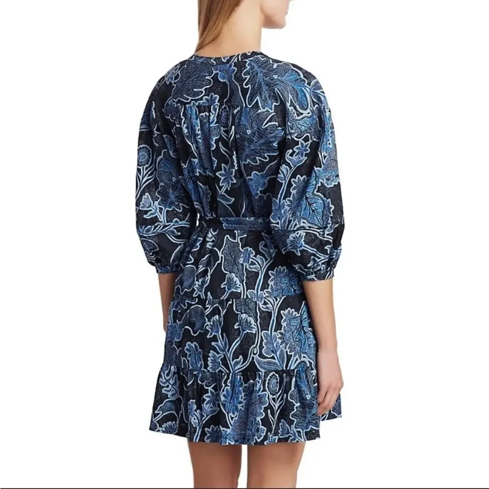Parker Women’s Blue & Black Floral 3/4 Sleeve Mini Dress Size Small - Picture 4 of 9